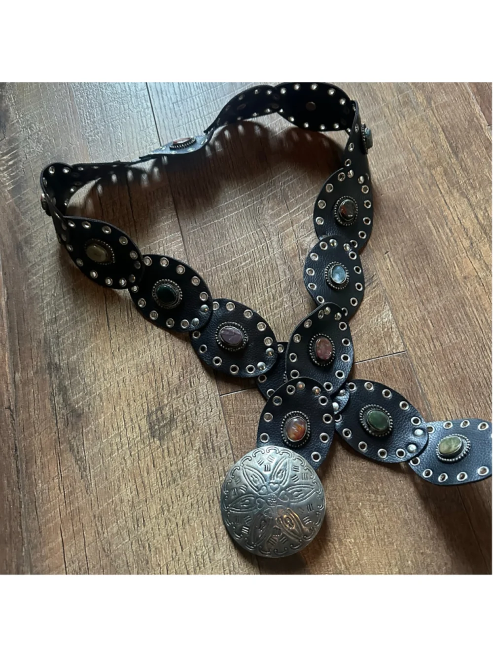 Women's Black Leather Belt with Silver Conchos and Gemstones, adjustable